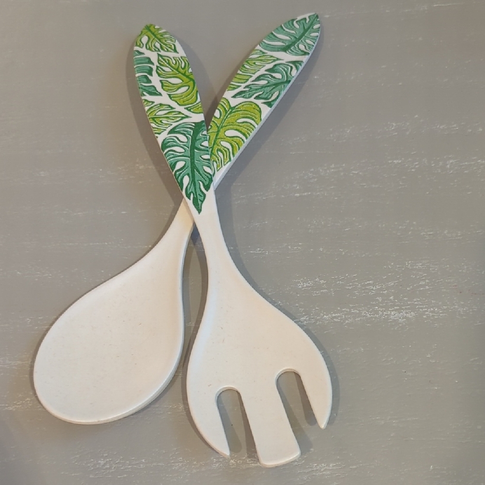 Anthropologie‎ Salad Servers Set Melamine Monsterra Tropical Leaf Print